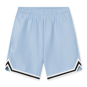 Leichtblaue kurze Herren-Shorts mit elastischem Bund und schwarzem sowie weißem Zierstreifen unten