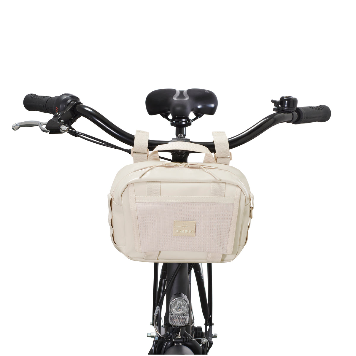 Beige Lenkertasche 'Nelson' von Johnny Urban am schwarzen Fahrradlenker befestigt