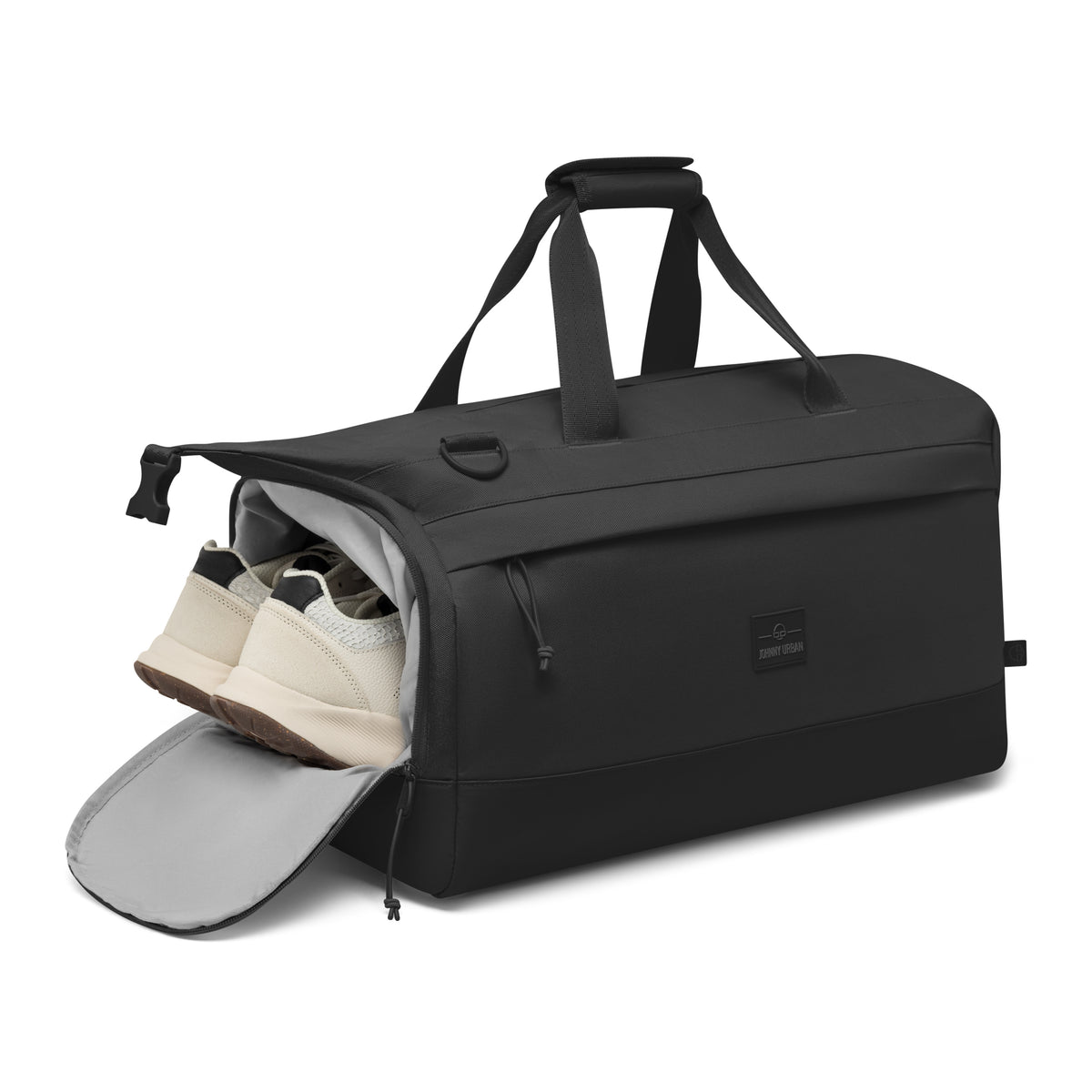 Schwarze Weekender Tasche 'Milan' von Johnny Urban mit seitlichem Schuhfach, halb geöffnet mit weißen Schuhen