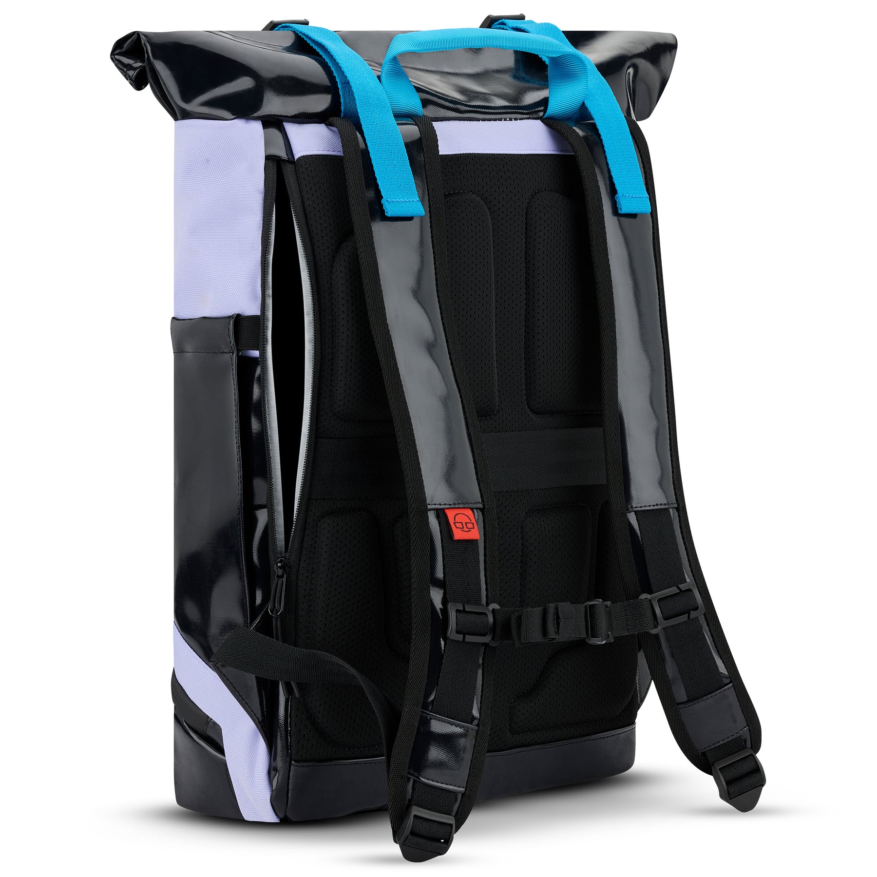 Rolltop Rucksack Ashton in Schwarz und Flieder mit gepolstertem Rücken und hellblauen Schultergurten
