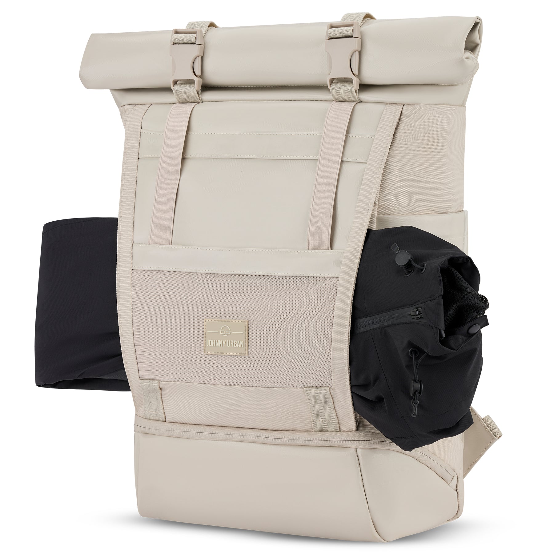 Beiger Rolltop-Rucksack 'Ashton' von Johnny Urban mit mehreren Fächern und schwarzem Zubehör