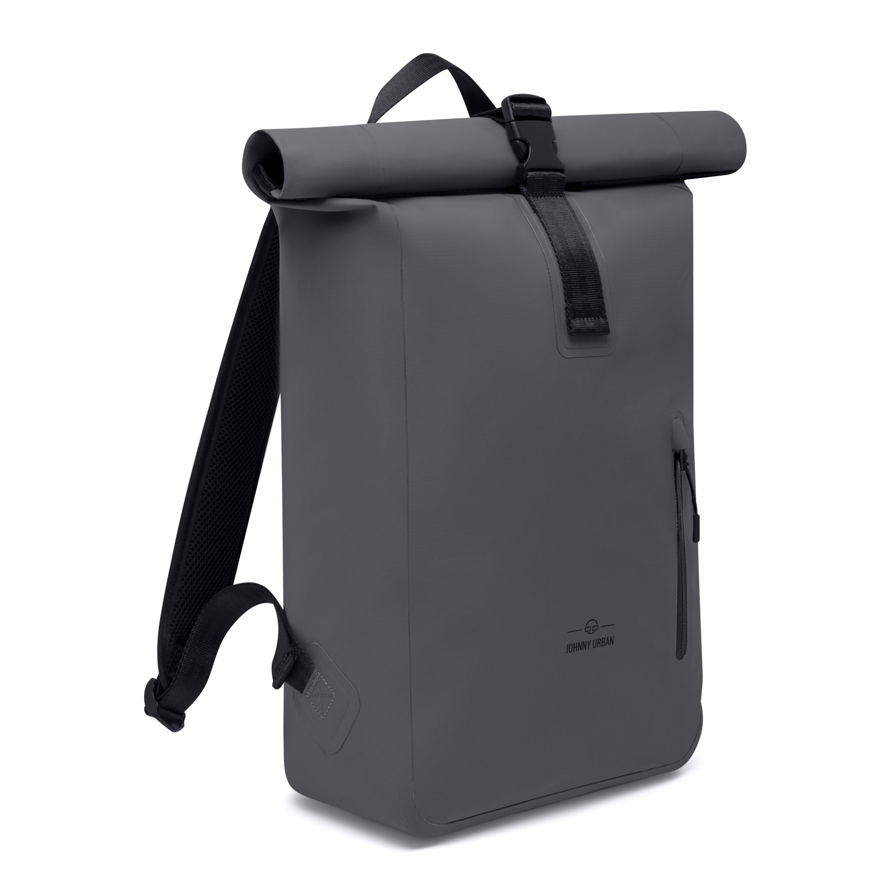 Wasserfester schwarzer Rolltop Rucksack 'Conor' von Johnny Urban mit Frontreißverschluss und Tragegriff