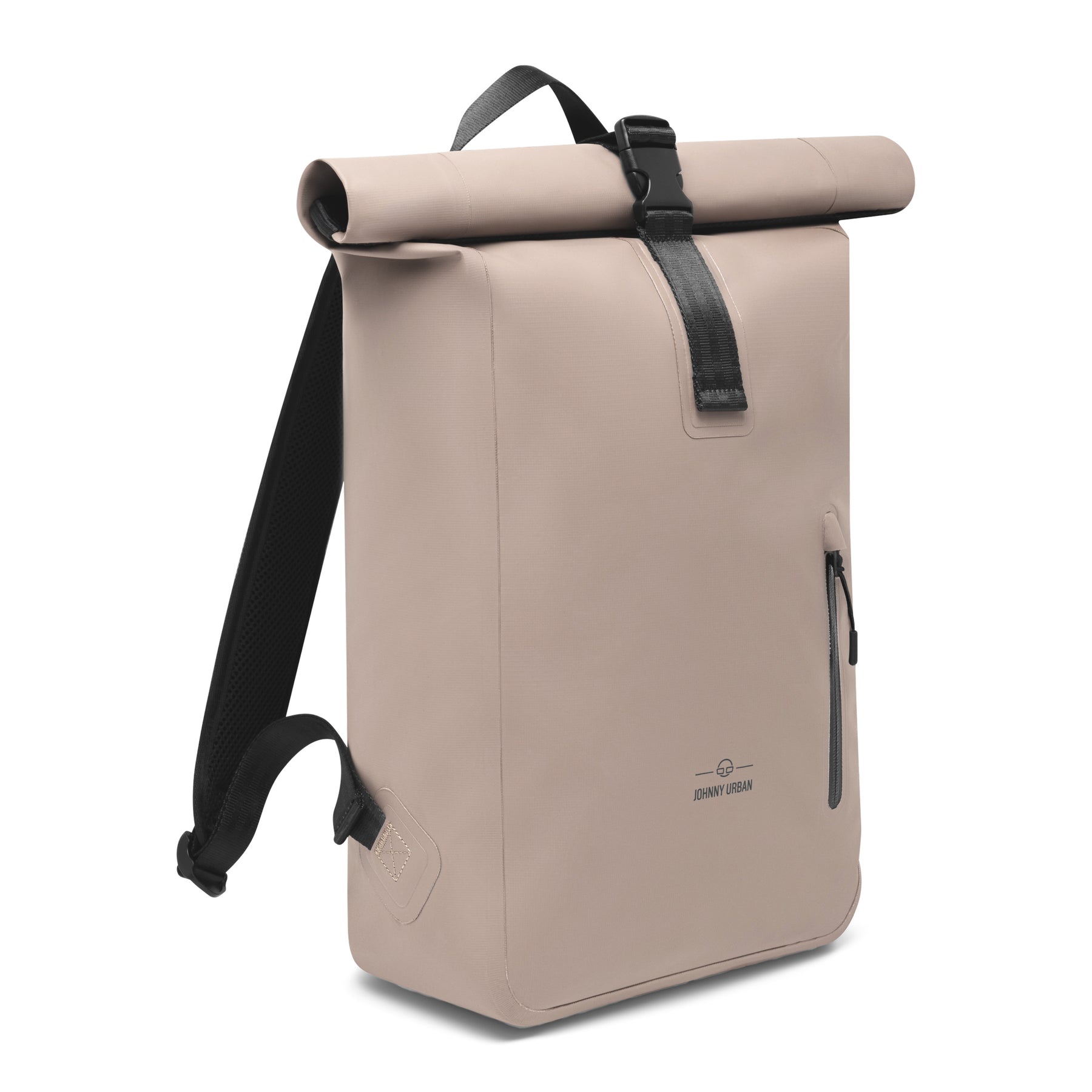 Beiger wetterfester Rolltop Rucksack 'Conor' von Johnny Urban mit schwarzem Clip und Reißverschlusstasche
