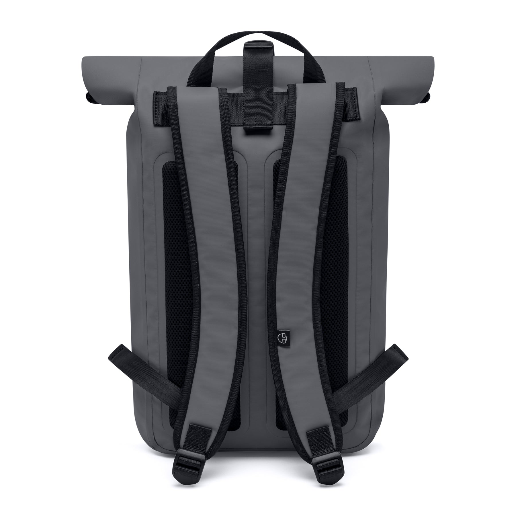 Rückansicht des wasserfesten Rolltop Rucksacks 'Conor' in Grau mit gepolsterten und verstellbaren Schultergurten
