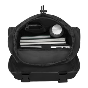 Schwarzer Johnny Urban Rucksack 'Finley' mit Laptopfach, Büchern, Wasserflasche und Reißverschlusstasche von oben geöffnet