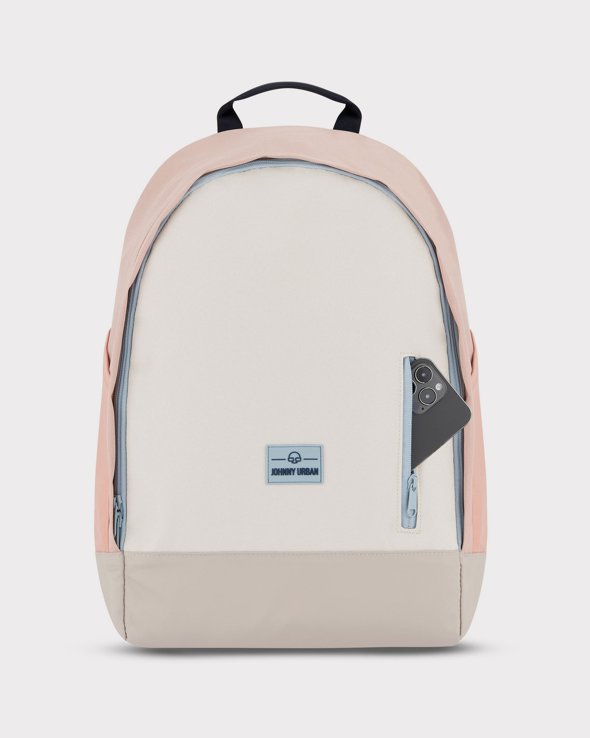 Beiger und rosa Schulrucksack 'Neo' von Johnny Urban mit seitlicher Reißverschlusstasche und Smartphone