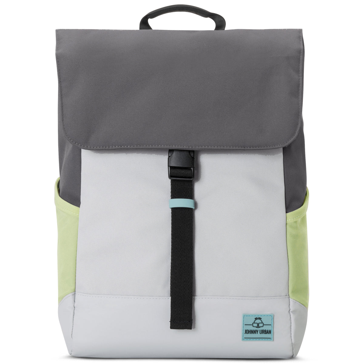 Rucksack 'Mika' von Johnny Urban, grau mit grünlichen Seitentaschen, oben Klappe mit Verschluss
