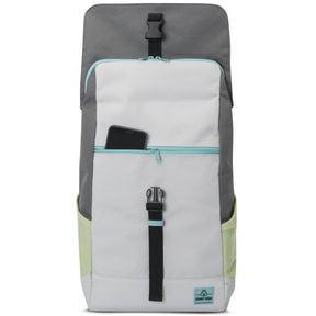 Rucksack 'Mika' in Grau, Weiß und Hellgrün mit vielen Fächern, vorne eine kleine Tasche mit Reißverschluss und einem schwarzen Handy darin