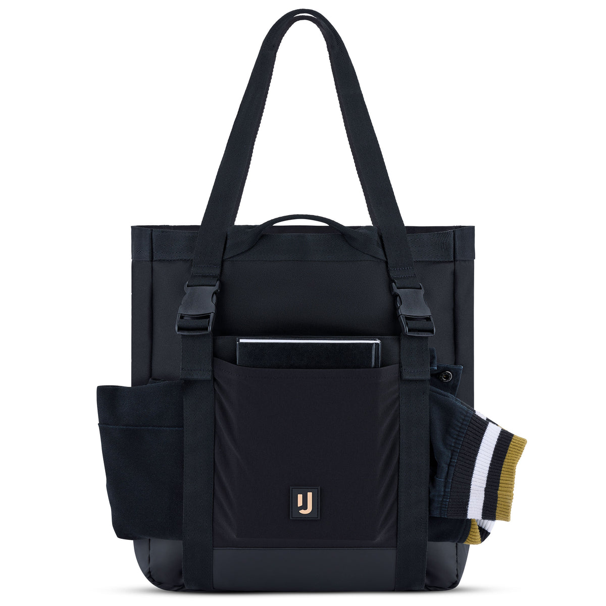 Schwarze Tote Bag 'Jessy' von Johnny Urban mit zwei langen Henkeln, mehreren Außentaschen und zwei Schnallen vorne