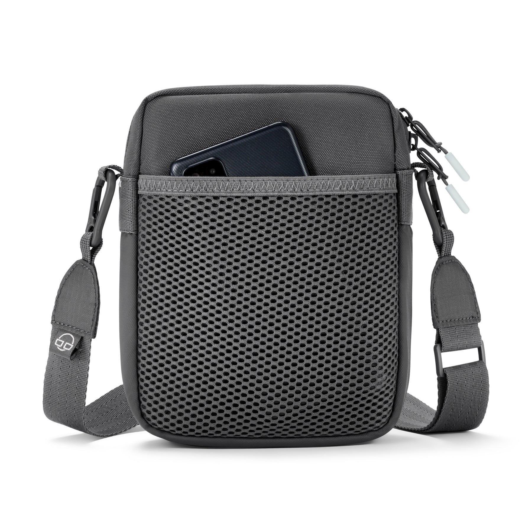 Graue Umhängetasche 'Jayden' mit Mesh-Vortasche und Smartphone
