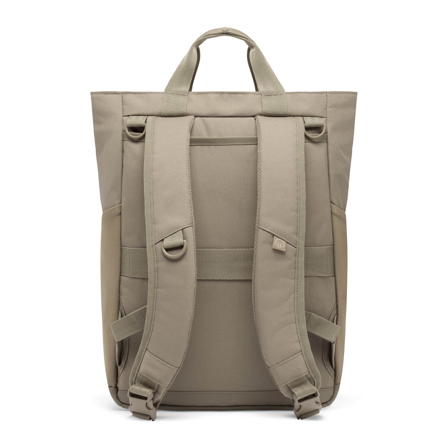 Rückseite der Wickeltasche 'Blair' in desert-grau mit gepolsterten, verstellbaren Schultergurten und Tragegriff