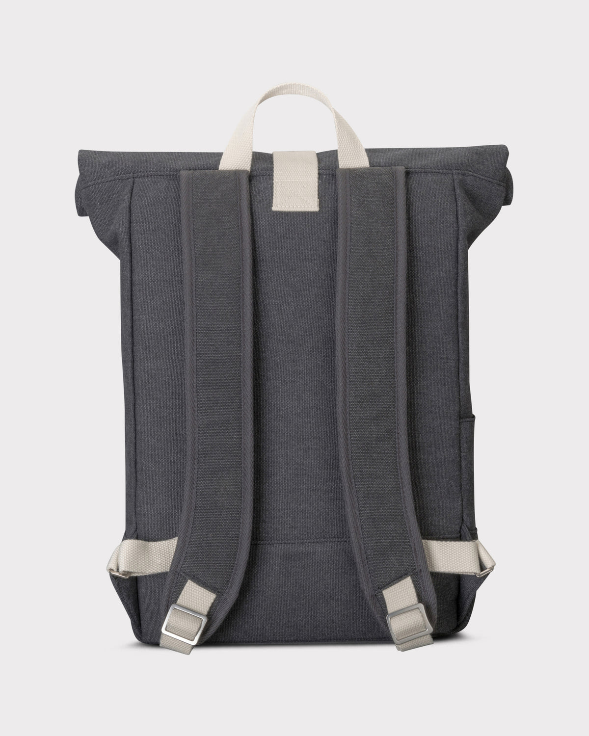 Rolltop Rucksack Adam Medium in Anthrazit, Rückansicht mit gepolsterten Schulterriemen und Trageschlaufe
