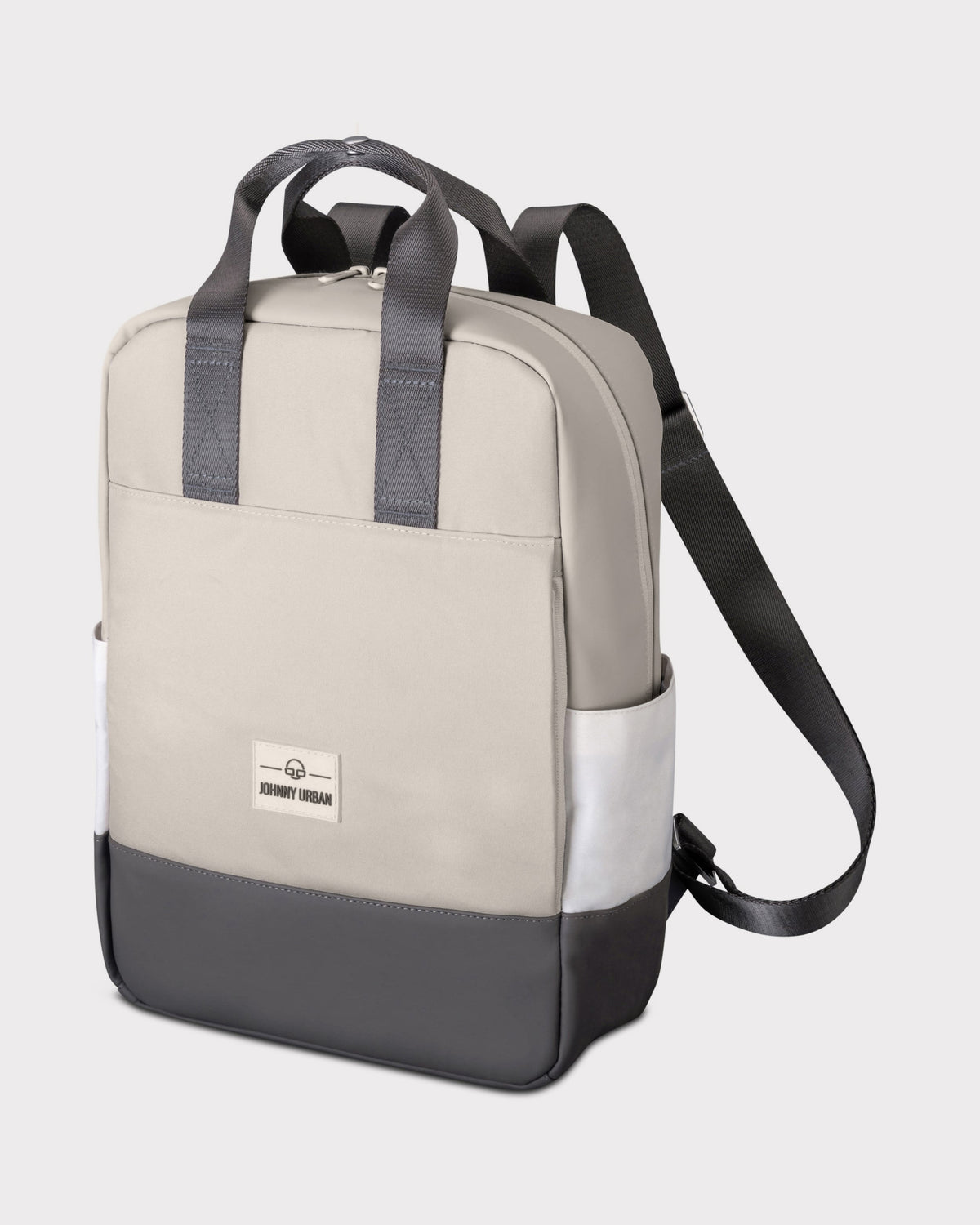 Rucksack 'Jona Medium' in Beige mit grauem Boden, schwarzen Trägern und Seitentaschen