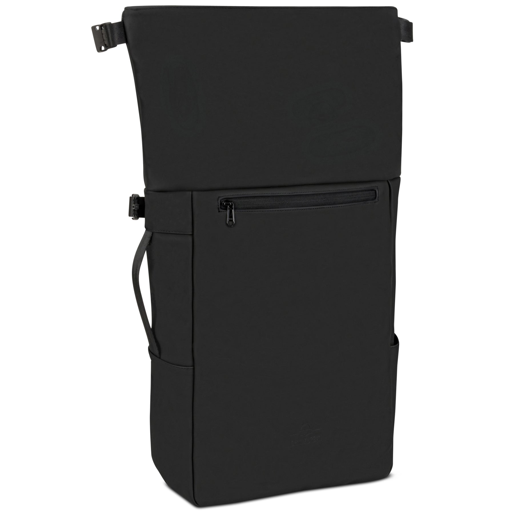 Schwarzer Rolltop Rucksack 'Henry' mit Vorderfach und seitlichen Taschen