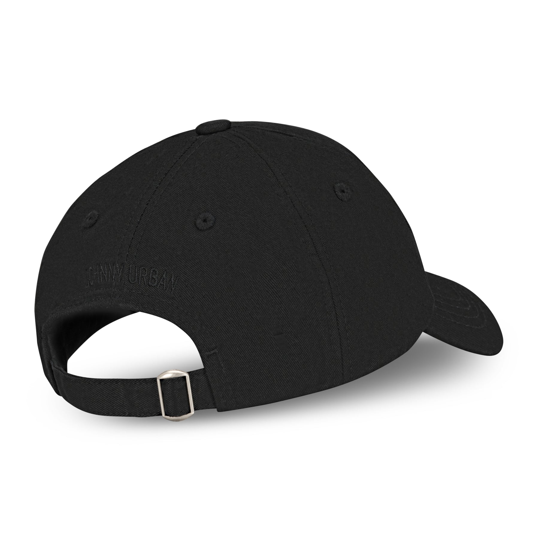 Schwarze Johnny Urban Kappe 'Jen' mit verstellbarem Riemen und gesticktem Logo auf der Rückseite