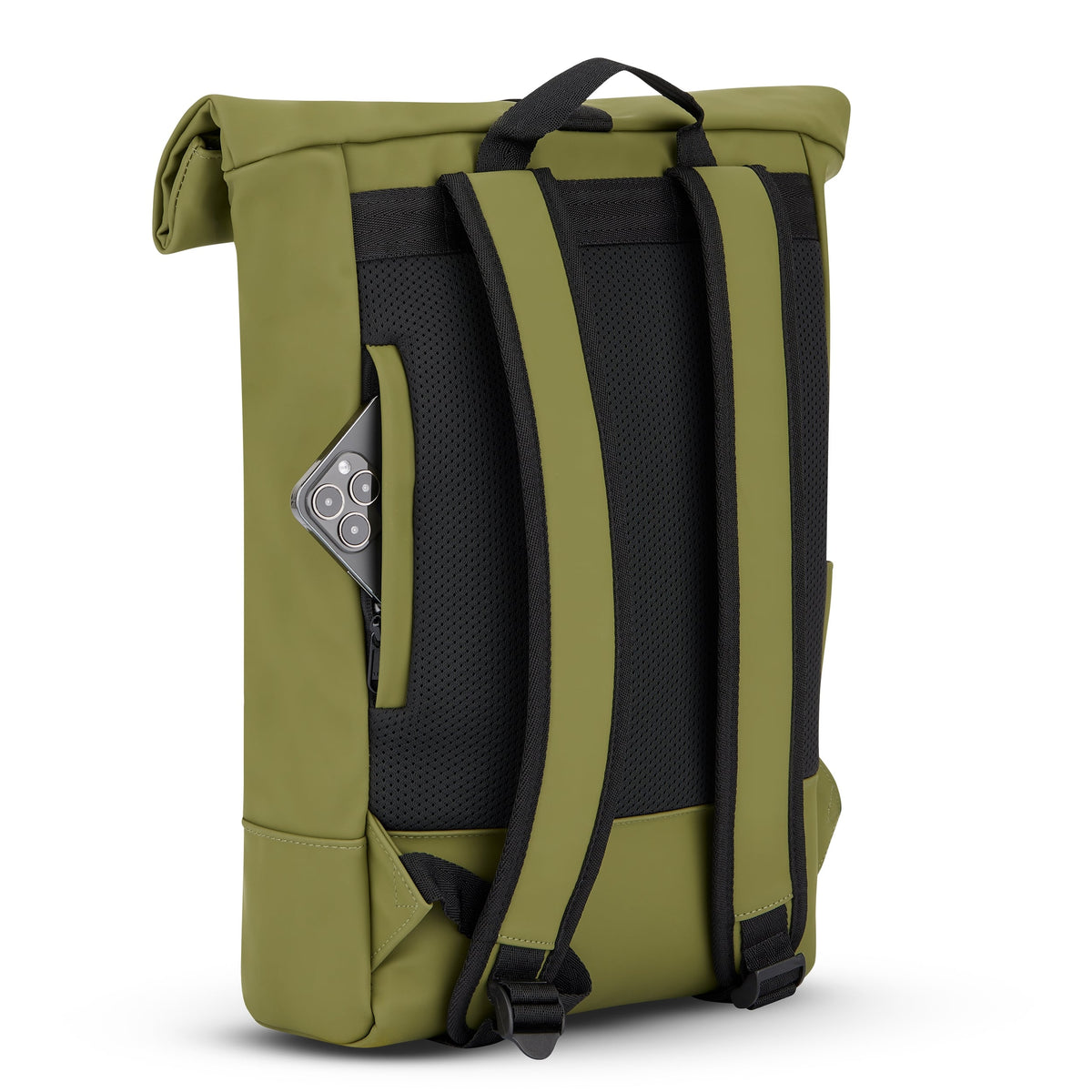 Grüner Johnny Urban Rolltop Rucksack ‚Harvey Medium‘ mit gepolsterten Trägern und verstecktem Reißverschlussfach