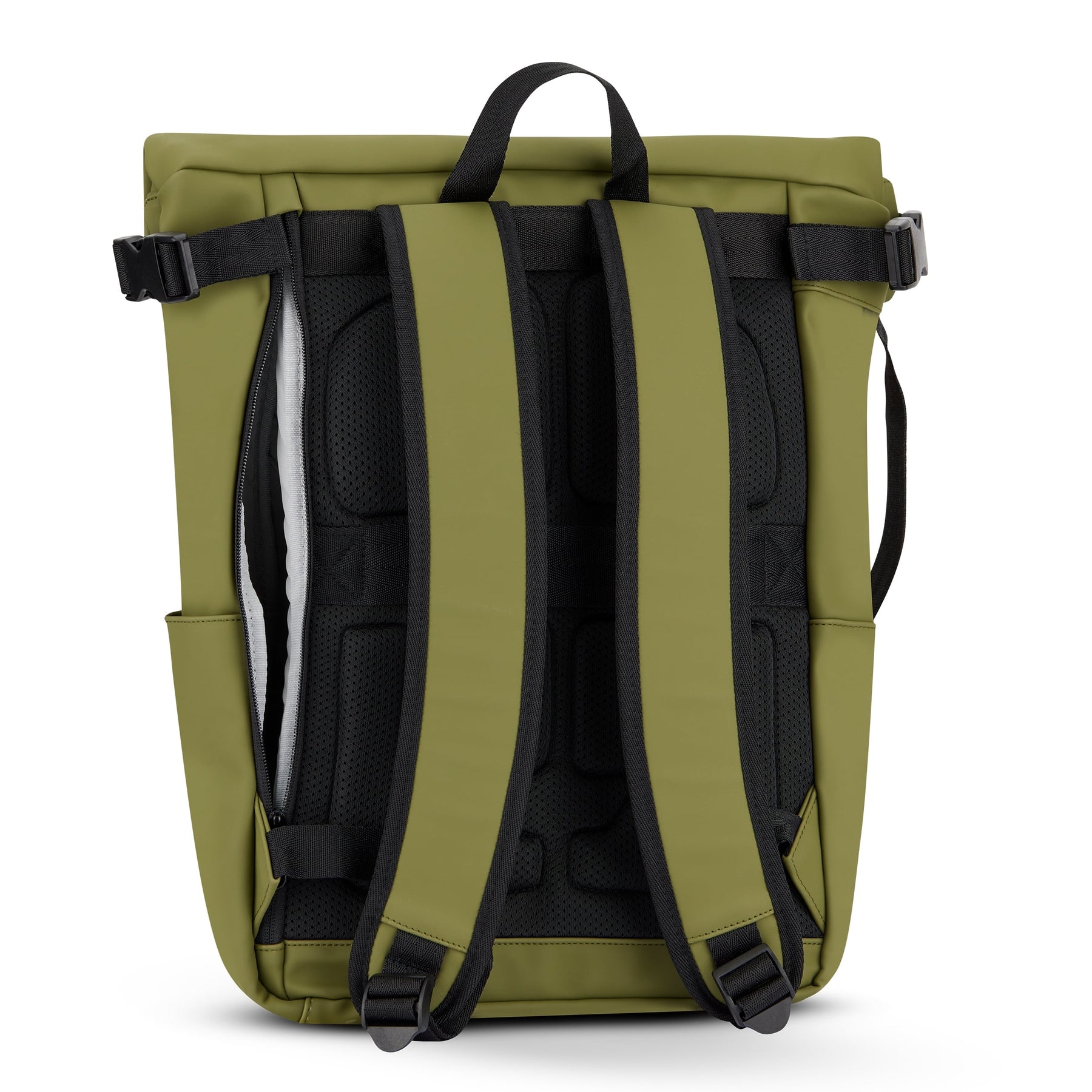 Rückansicht des olivgrünen Johnny Urban Rolltop Rucksacks 'Henry' mit gepolsterten Schultergurten und Belüftungspolster