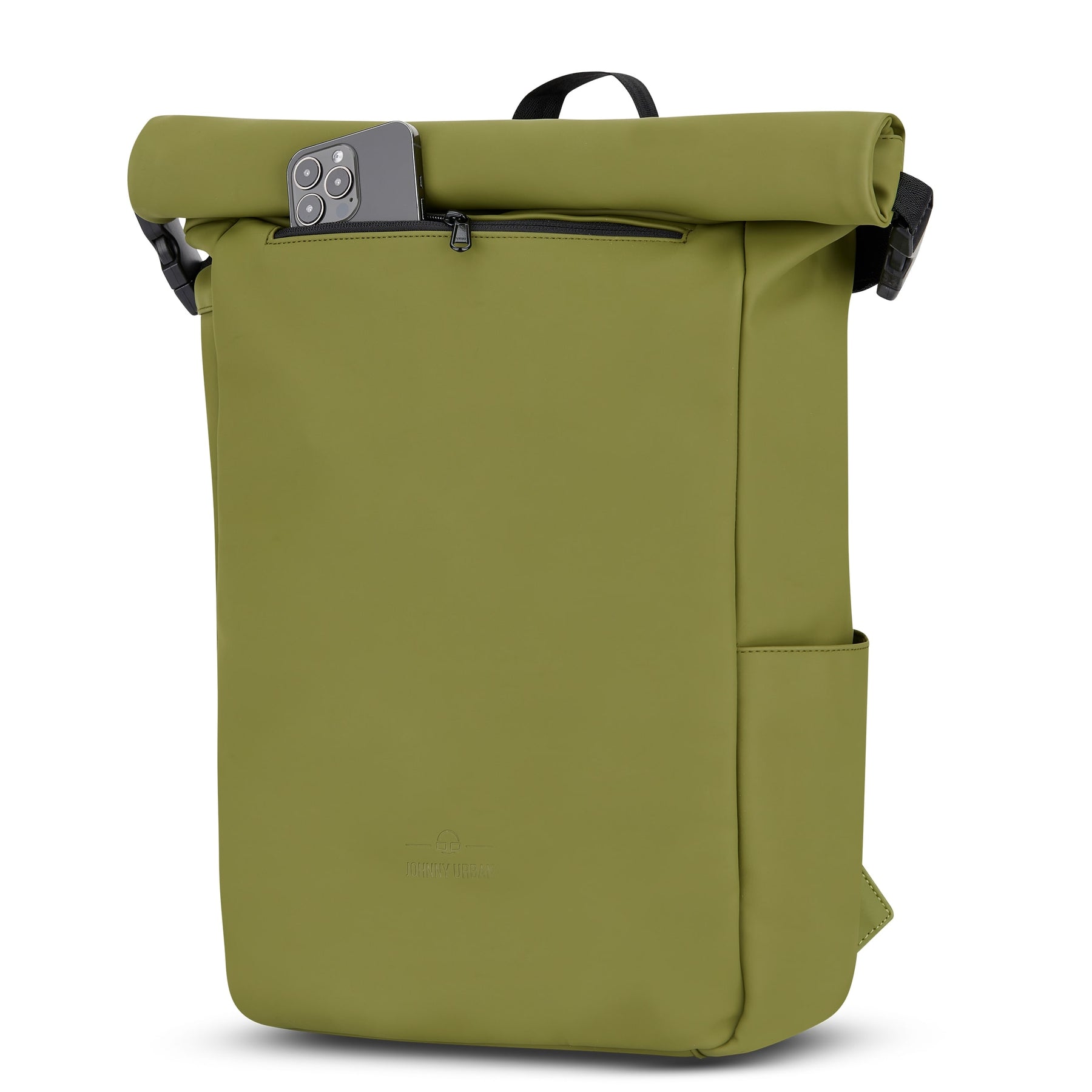 Olivgrüner Rolltop-Rucksack 'Henry' mit seitlicher Außentasche und vorderer Reißverschlusstasche mit Smartphone