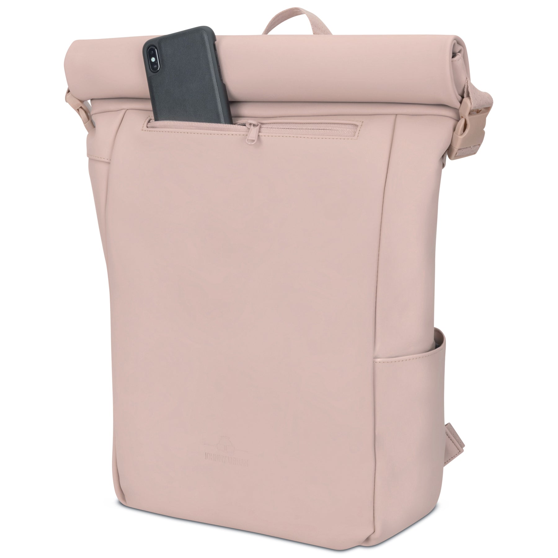 Rolltop Rucksack Henry in Rosé mit Reißverschlussfach und schwarzem Smartphone