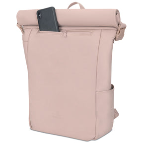 Rolltop Rucksack Henry in Rosé mit Reißverschlussfach und schwarzem Smartphone