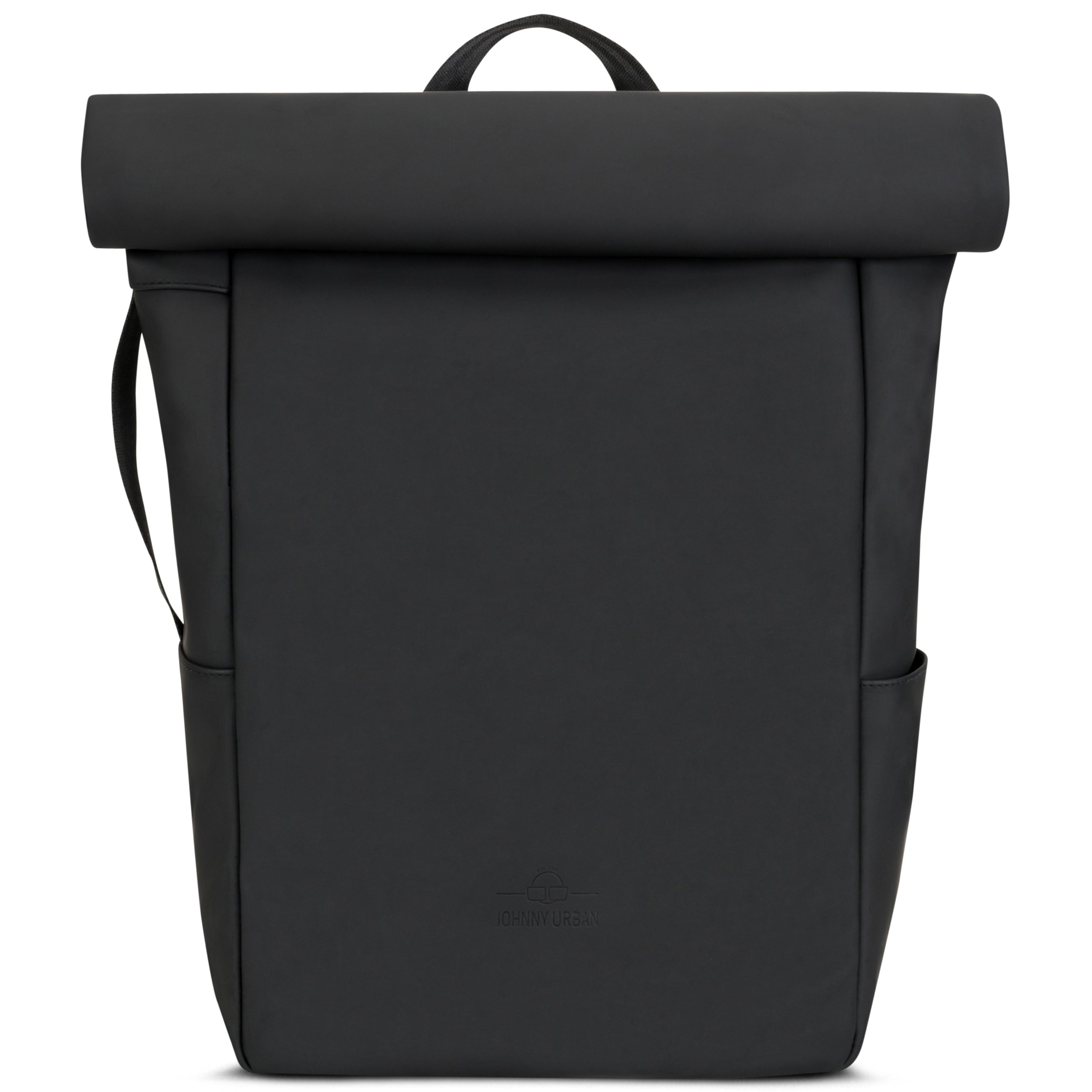 Schwarzer Rolltop-Rucksack 'Henry' von Johnny Urban mit schlichtem Design und seitlichen Taschen