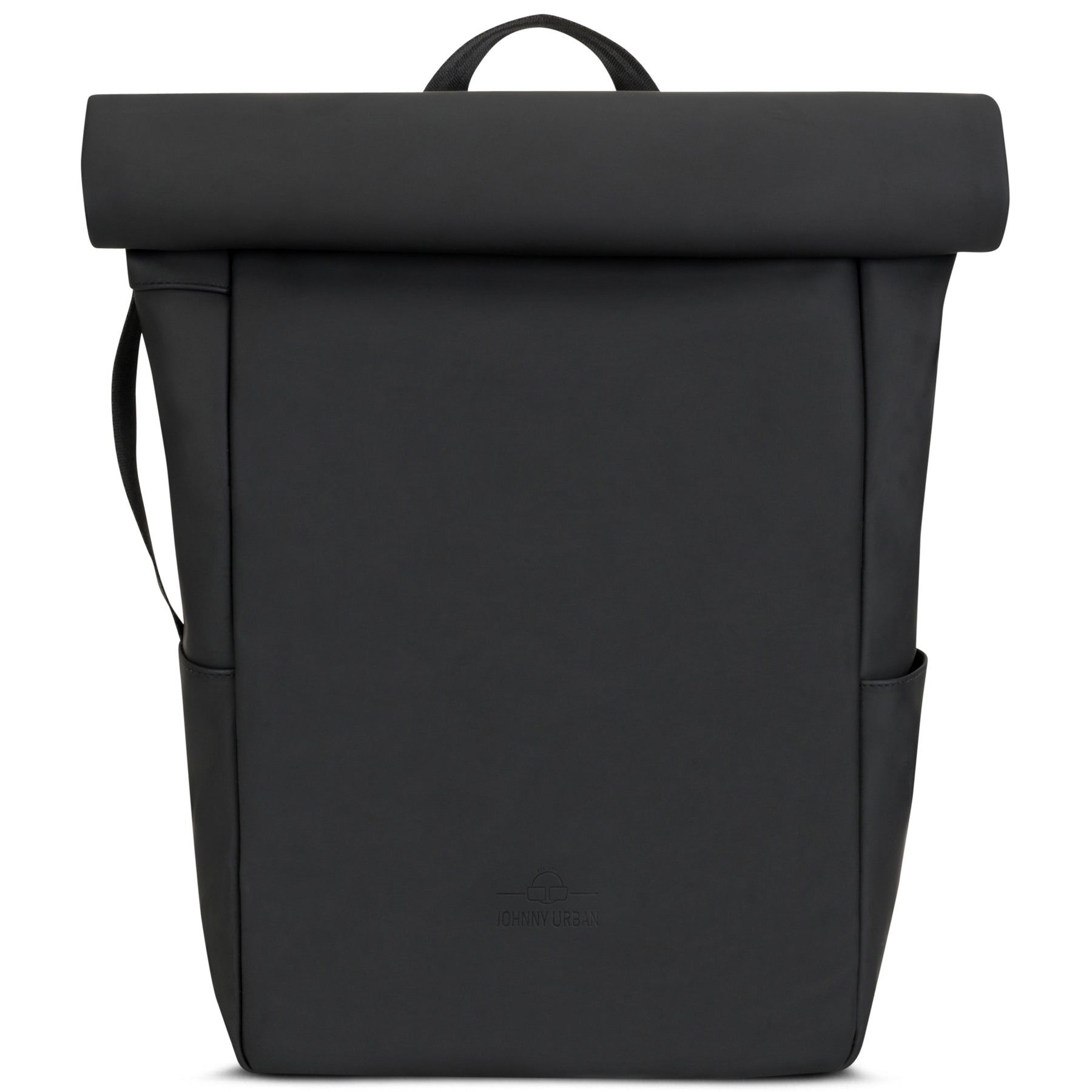 Schwarzer Rolltop-Rucksack 'Henry' von Johnny Urban mit schlichtem Design und seitlichen Taschen