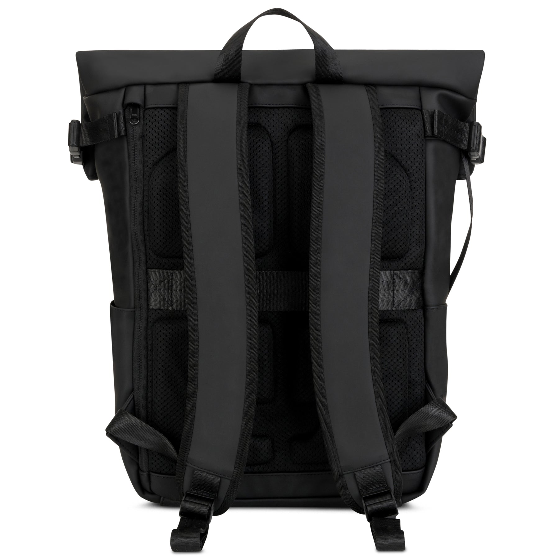 Schwarzer Rolltop Rucksack 'Henry' von Johnny Urban, Rückseite mit gepolsterten Schultergurten und Tragegriff