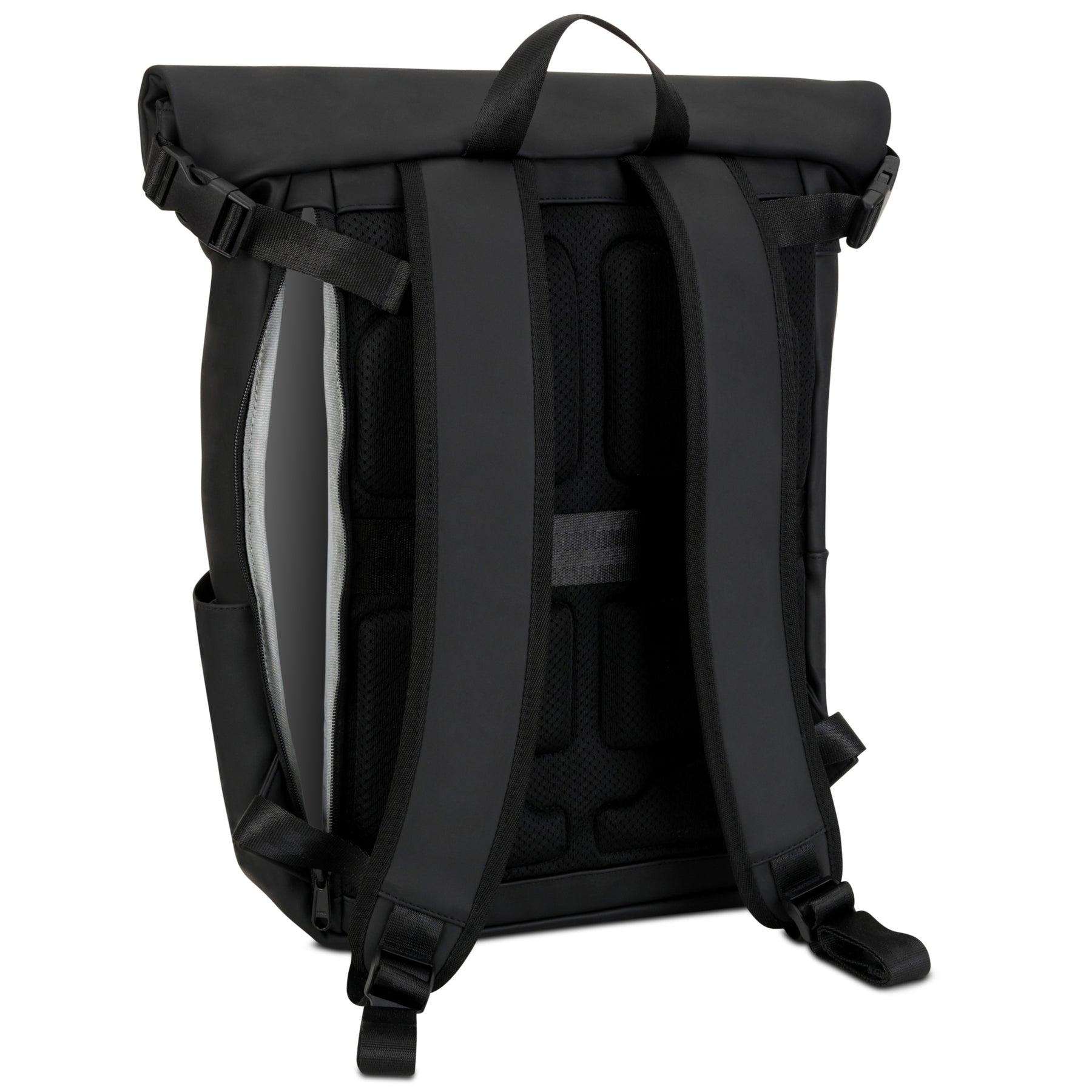 Schwarzer Rolltop Rucksack 'Henry' mit gepolsterten Schulterriemen und seitlichem Reißverschluss