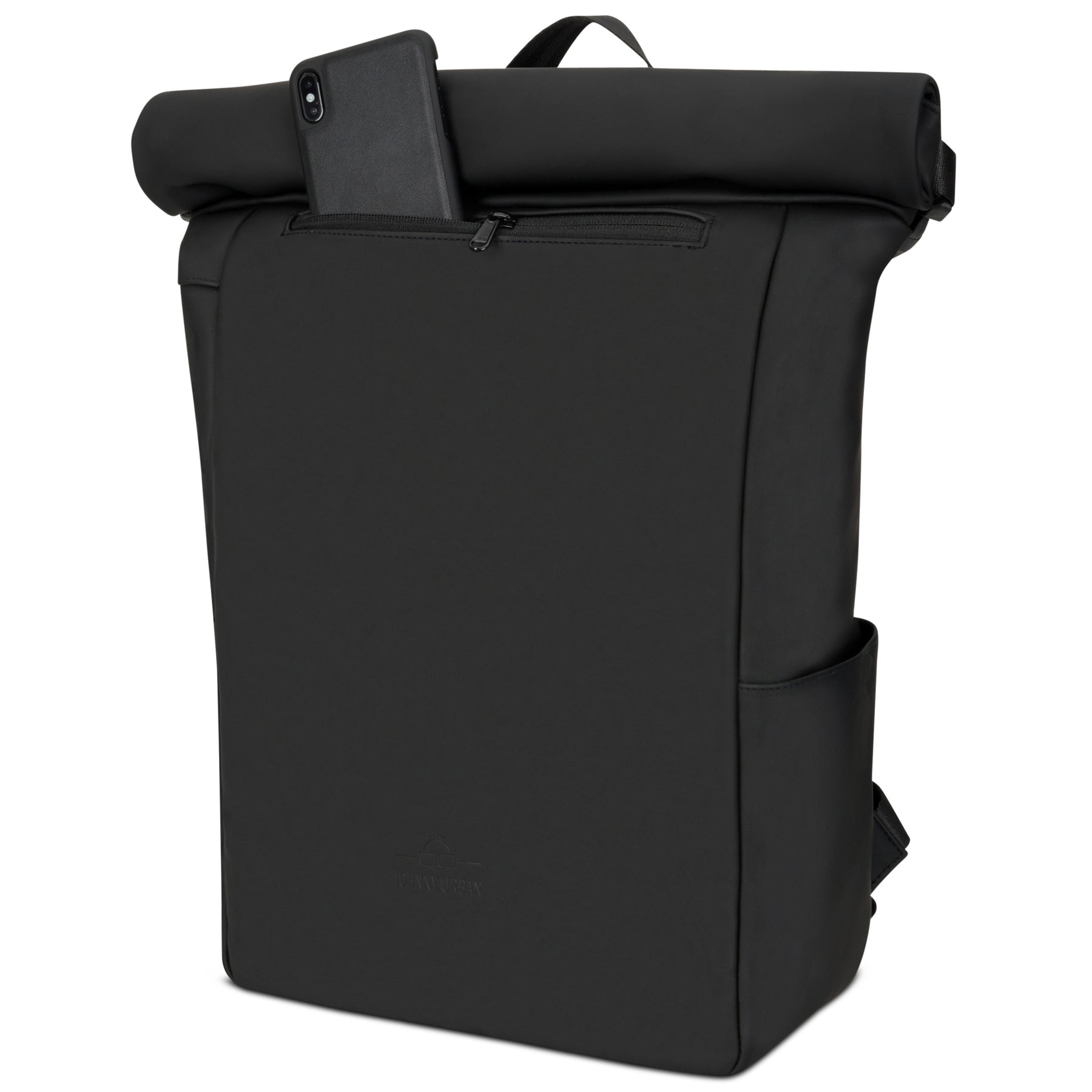 Schwarzer Rolltop Rucksack Henry mit seitlicher Außentasche und Smartphone in Fronttasche