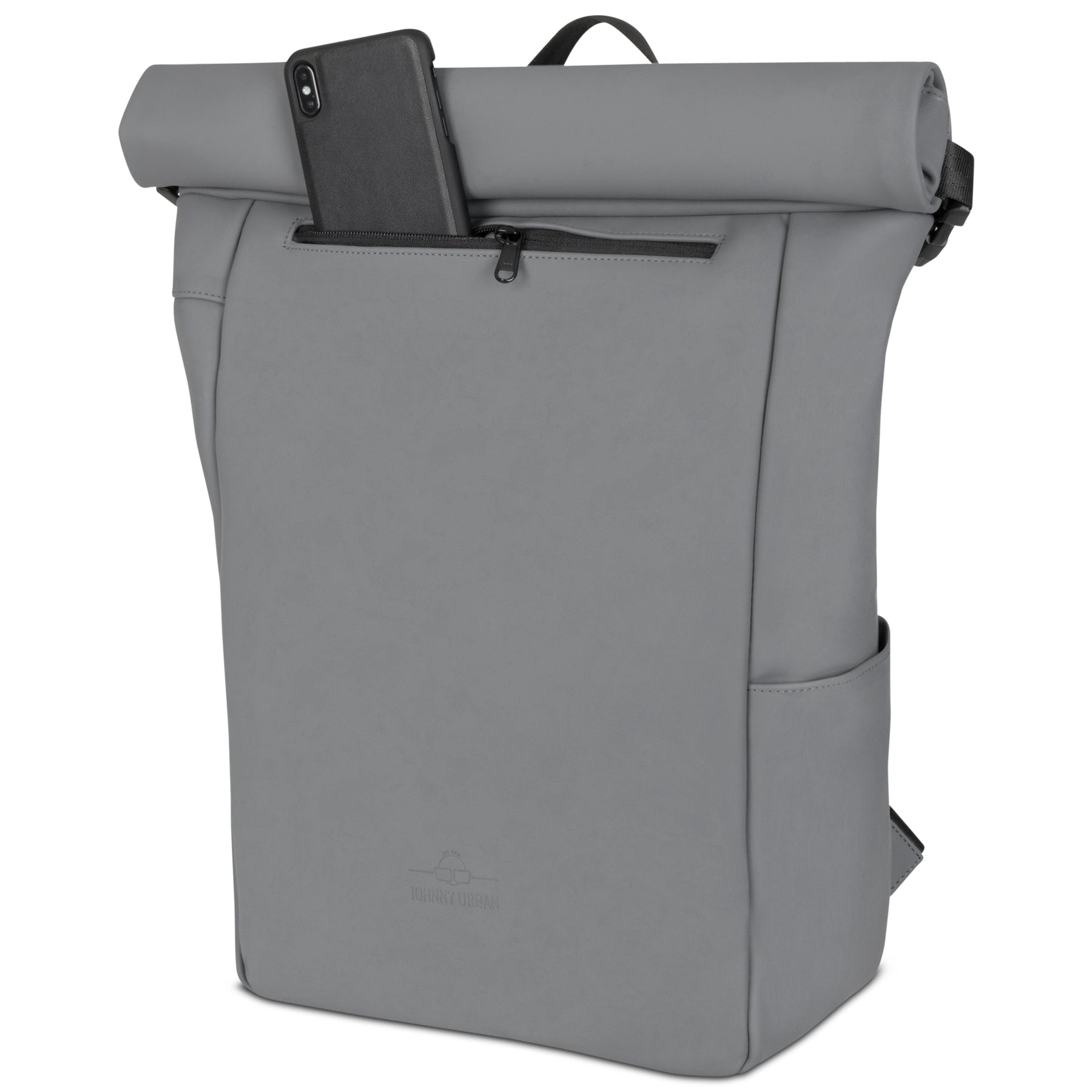 Wasserdichter Rolltop Rucksack Henry in Grau mit seitlicher Tasche und Reißverschlussfach, Handy in äußerem Fach steckend