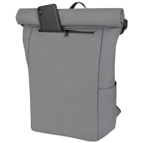 Wasserdichter Rolltop Rucksack Henry in Grau mit seitlicher Tasche und Reißverschlussfach, Handy in äußerem Fach steckend