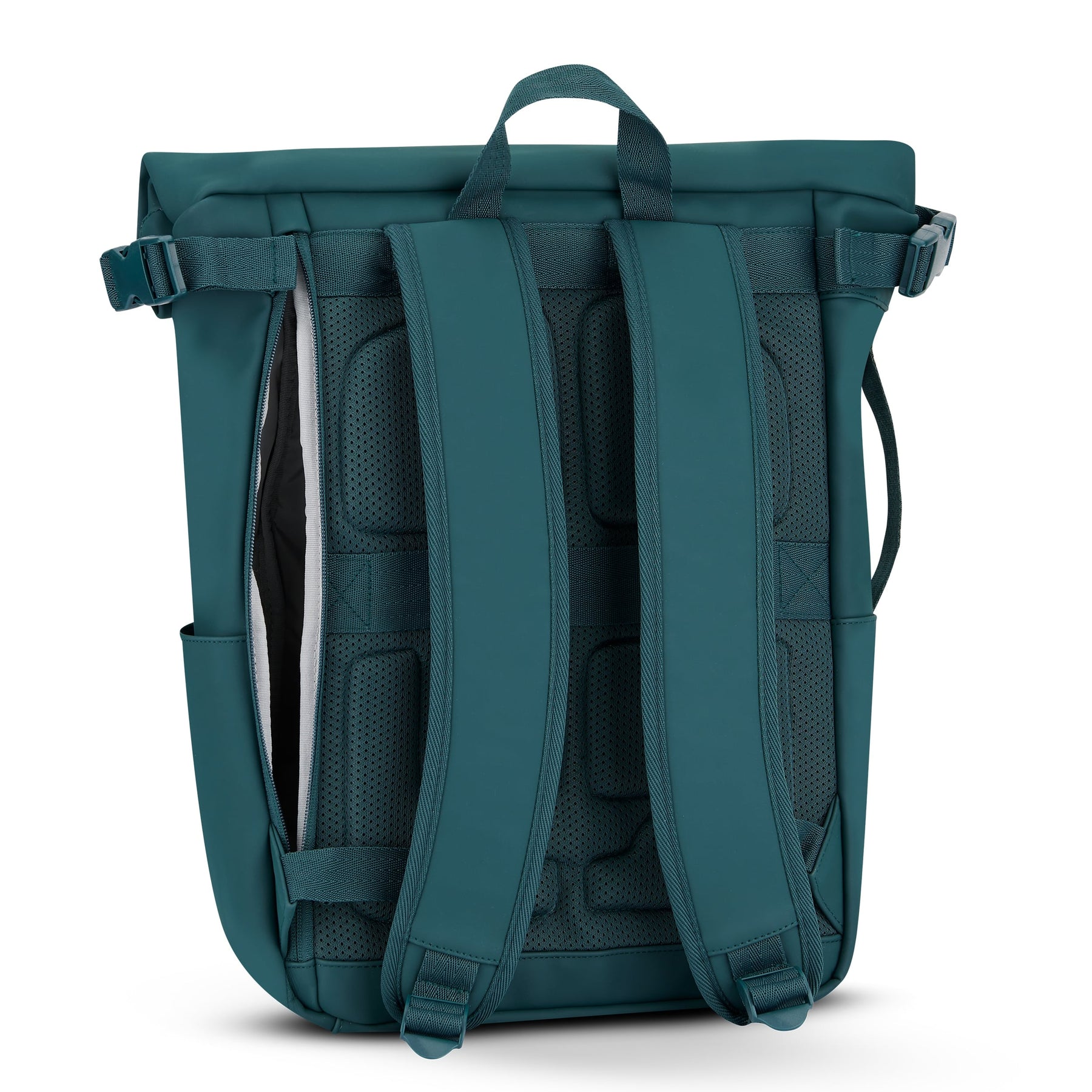 Rolltop Rucksack "Henry" in Petrolfarbe, Rückseite mit gepolsterten Trägern und atmungsaktivem Rückenbereich