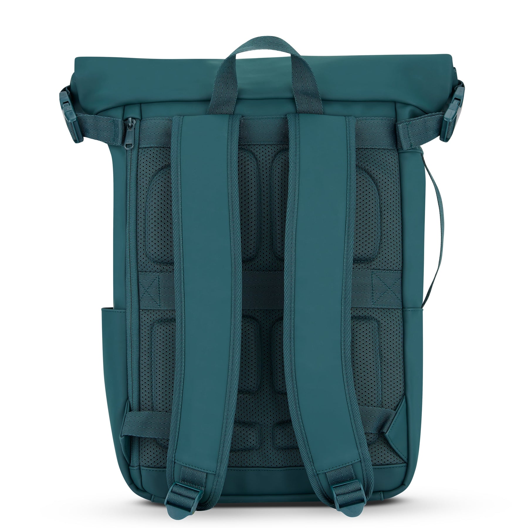 Rückseite des rollbaren Johnny Urban Rucksacks 'Henry' in dunklem Blaugrün mit gepolsterten Schultergurten und Rückenpolsterung