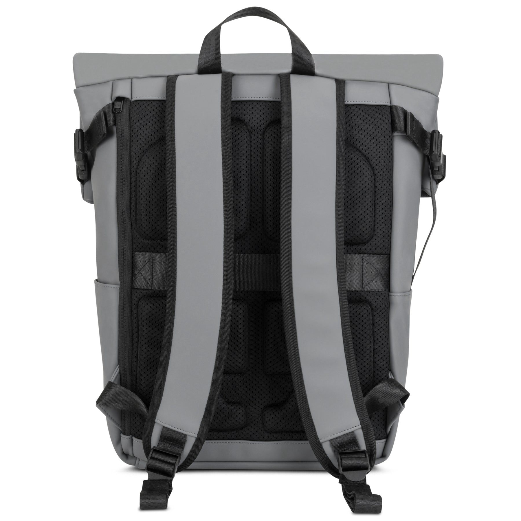 Rückansicht des Rolltop-Rucksacks 'Henry' in Grau mit gepolsterten, verstellbaren Schultergurten und Netzrückenbereich