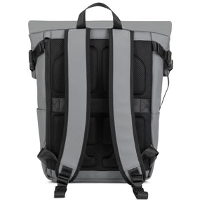 Rückansicht des Rolltop-Rucksacks 'Henry' in Grau mit gepolsterten, verstellbaren Schultergurten und Netzrückenbereich