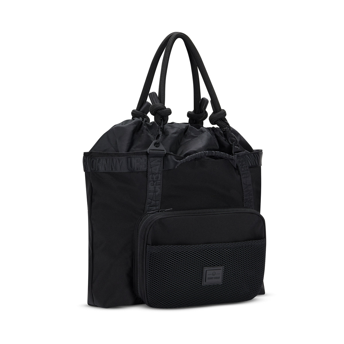 Große schwarze Shopper-Tasche 'Cassie' von Johnny Urban mit Kordelverschluss und Fronttasche mit Mesh
